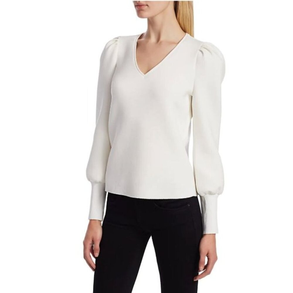 DH New York Puff Sleeve Scuba Top‎ White V-Neck Size XS MSRP $150